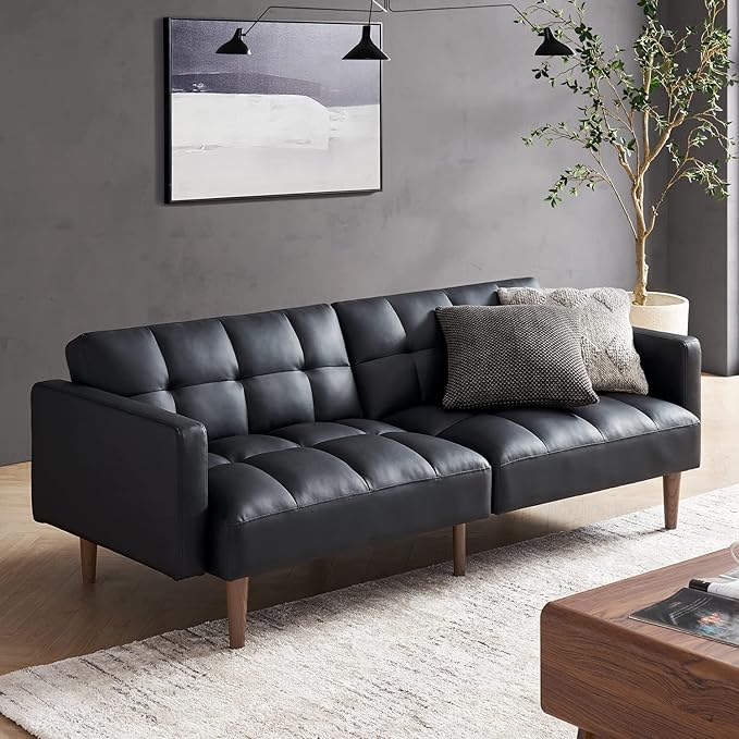 mopio 76.4" Futon Sofa Bed, Couch, Loveseat, Sleeper Sofa, Mid Century Modern Futon Couch, Sofa Cama, Couches for Living Room (Aaron PU, Midnight Black)
