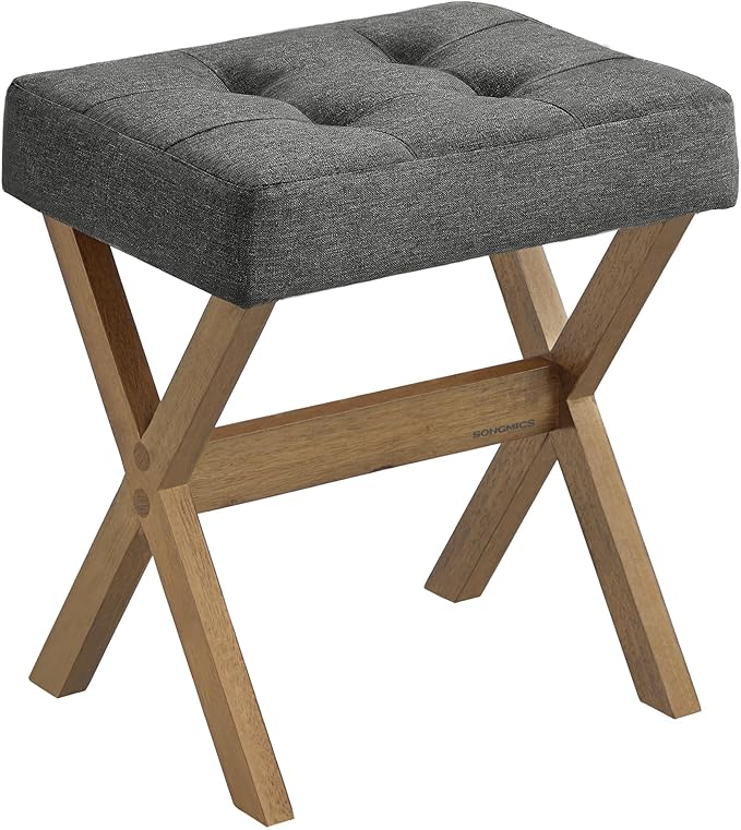 SONGMICS Makeup Stool, Padded Vanity Stool, Foot Rest, Solid Wood X Legs, for Bedroom, Closet, Entryway, 12.6 x 16.5 x 18.1 Inches, Slate Gray and Brown ULSF006GN01