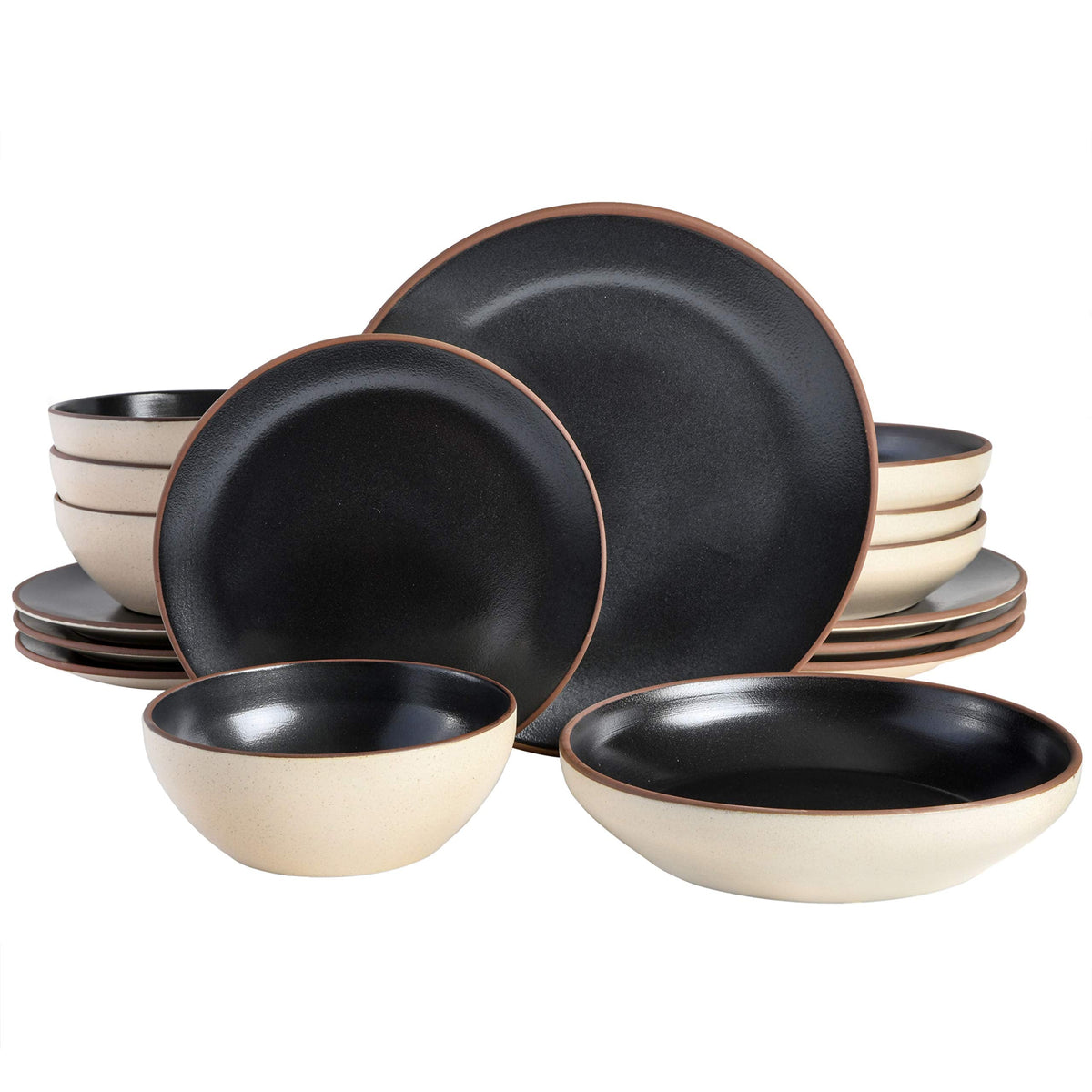 Gibson Elite Island Cove 16 Piece (Service for 4) Plates and Bowls Reactive Glaze Organic Round Dishes Stoneware Ceramic Dinnerware Set -Light Grey
