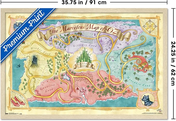 The Wizard Of Oz - Map Wall Poster, 34L" x 22.4W", Blonde Framed Version