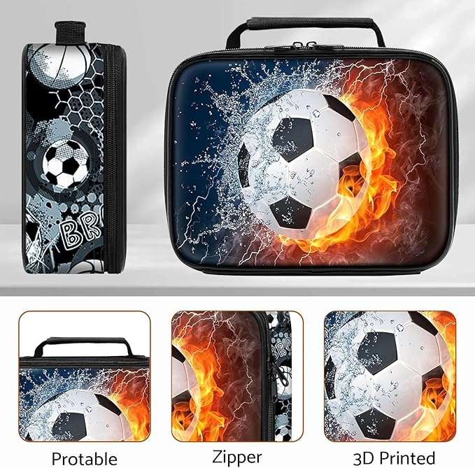 School Backpack for Boys - 4pcs Soccer Boys Backpack with Lunch Box Set for Kids Children Teens Elementary Middle School - 17″ Sport Bookbag Travel Back Pack for Age 6-18
