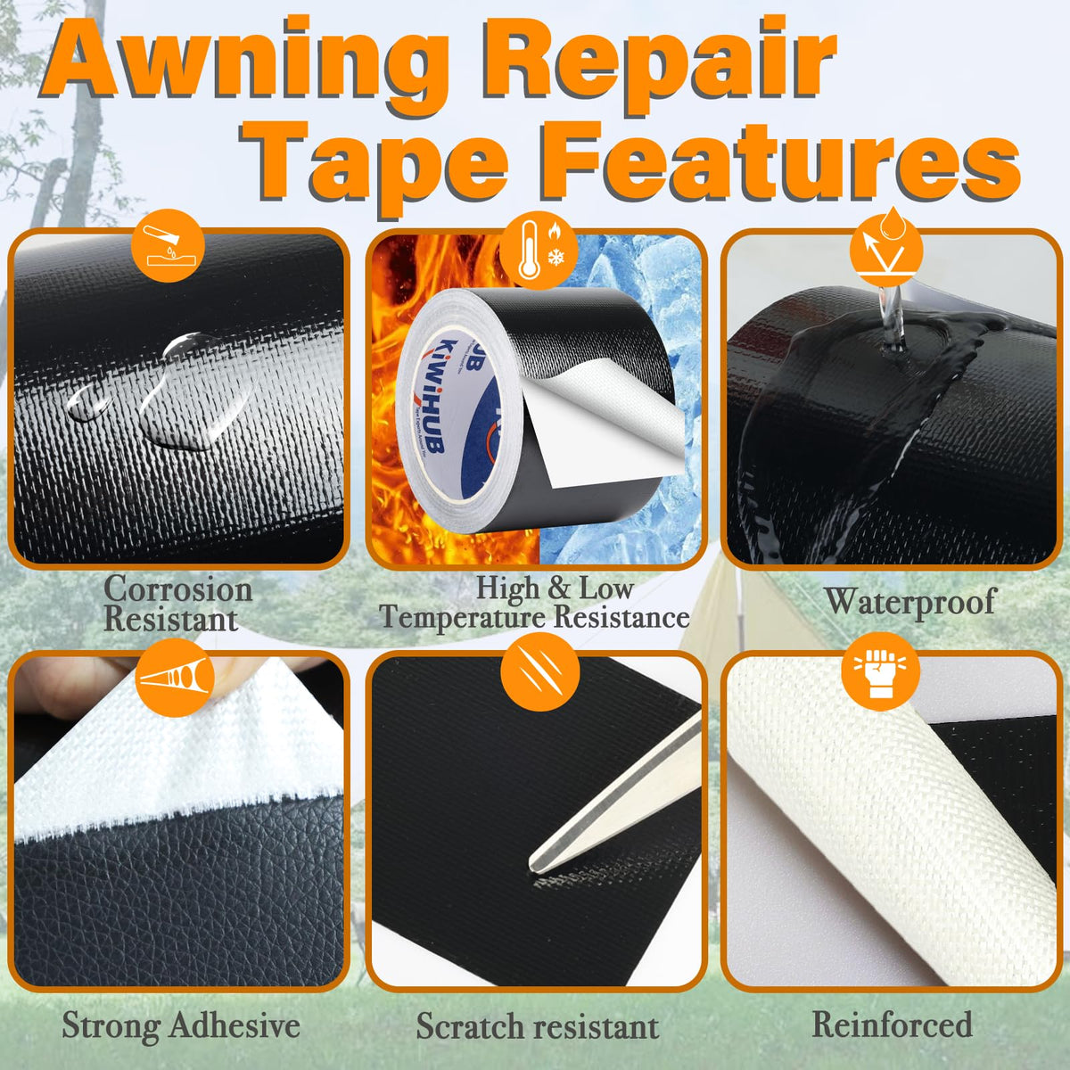 KIWIHUB RV Awning Repair Tape - 3" x 33FT Heavy Duty Waterproof, UV Proof Tear Repair Patch Kit for Tent, Canvas, Boat Covers, Sail