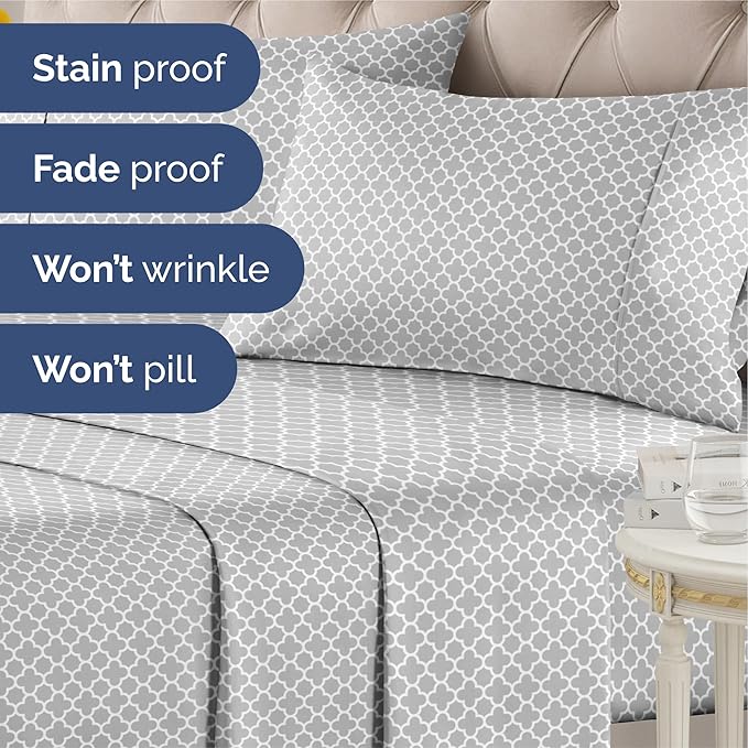 Grey Geometric Bed Sheets - 1 Flat & 1 Fitted Sheet & 2 Pillowcases w/ Deep Pockets – Wrinkle & Fade Free- Ultra-Soft, Breathable and Cooling - Luxury Moroccan Bed Set – Queen Size - Gray Quatrefoil
