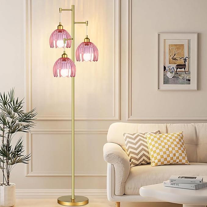 Gold Floor Lamps for Living Room Bedroom-3 Light Vintage Floor Lamp with Glass Lampshape & Three Bulbs,Mid Century Modern Standing Lamp Tall Tree Flower Floor Lamps for Bedroom Living Room,Corner