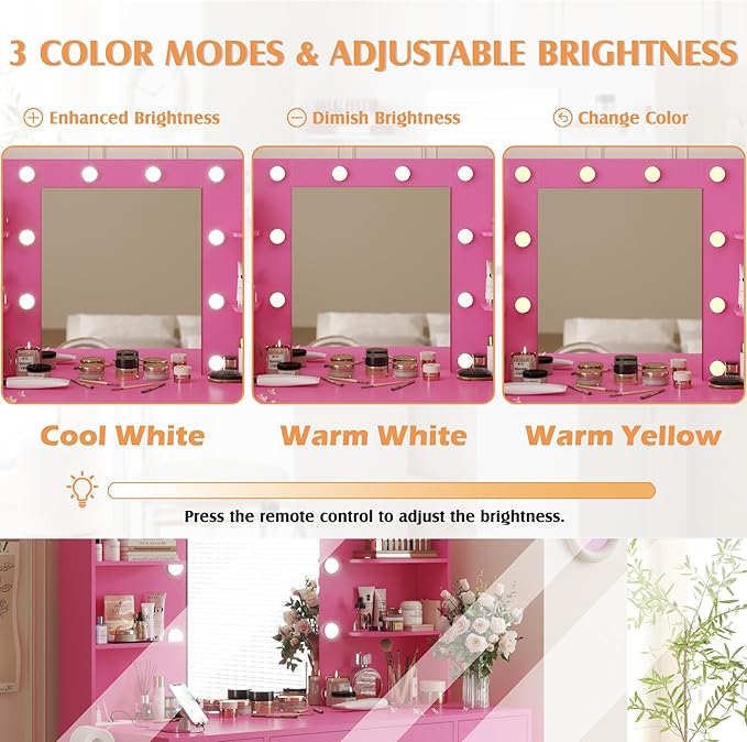 YESHOMY Vanity Desk with Mirror, Power Outlet and 10 Lights, Makeup Table with 7 Drawers, 3 Color Modes Available for Bedroom, Rose Pink