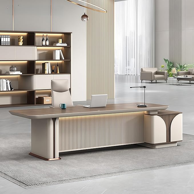 Modern L Shaped Desk, 141.7 inch Large Desk with Storage, Executive Desks for Home Office No Installation Required with Drawers and Lockable