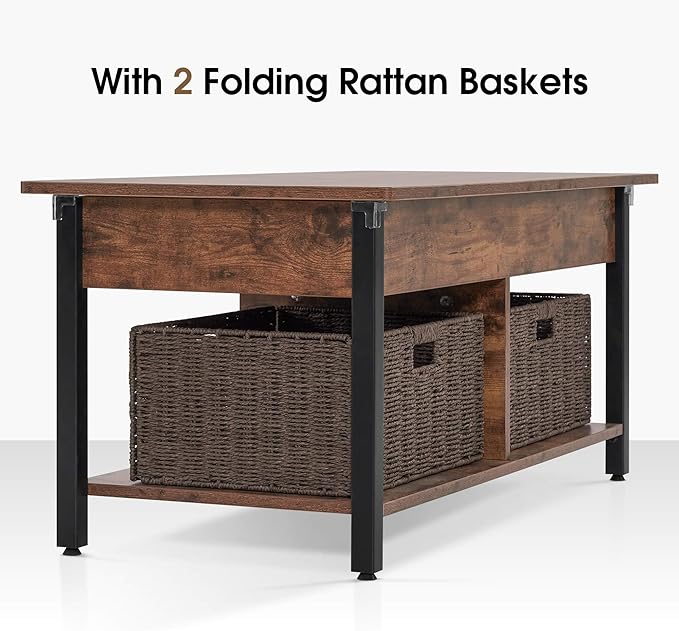 ivinta Lift Top Coffee Table with Storage, Modern Recangular Center Table with Wheels and 2 Rattan Folding Baskets, Rising Tabletop with Hidden Compartment for Living Room, 2177 (41.3", Dark Brown)