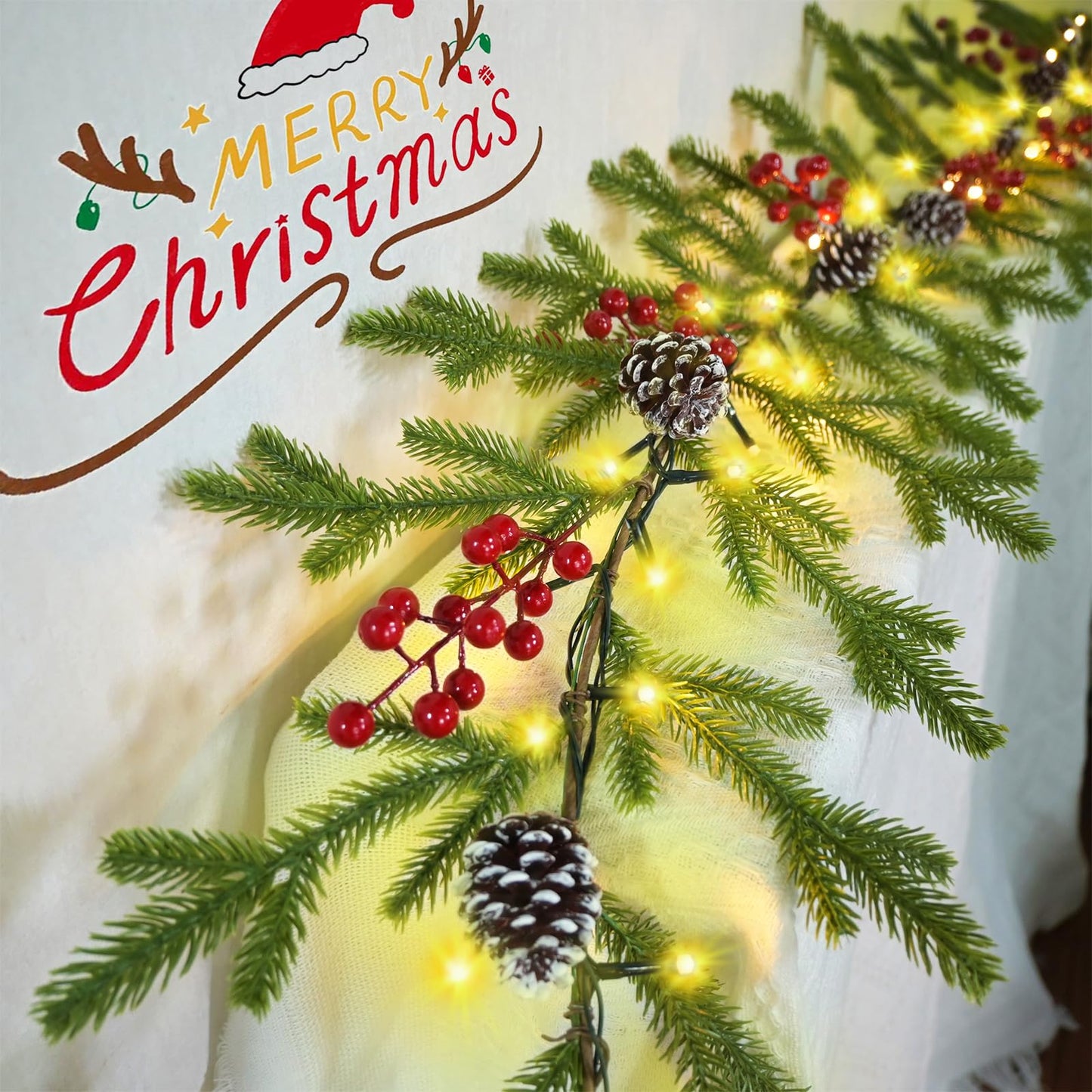 Superior Christmas Garland 6.56 FT 40 Rice LED Pine Garlands with Lights Battery Operated with Timer 8 Flash Modes Christmas Decoration for Mantle Fireplace Indoor Outdoor Holiday Home Xmas Decor