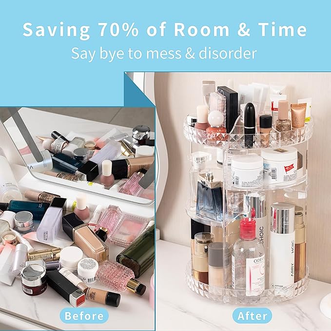 V-HANVER 360 Rotating Makeup Organizer Perfume Organizer Clear Cosmetic Storage Display Case Large Capacity Acrylic Beauty Holder Adjustable Partition Height for Bedroom Dresser or Bathroom Vanity