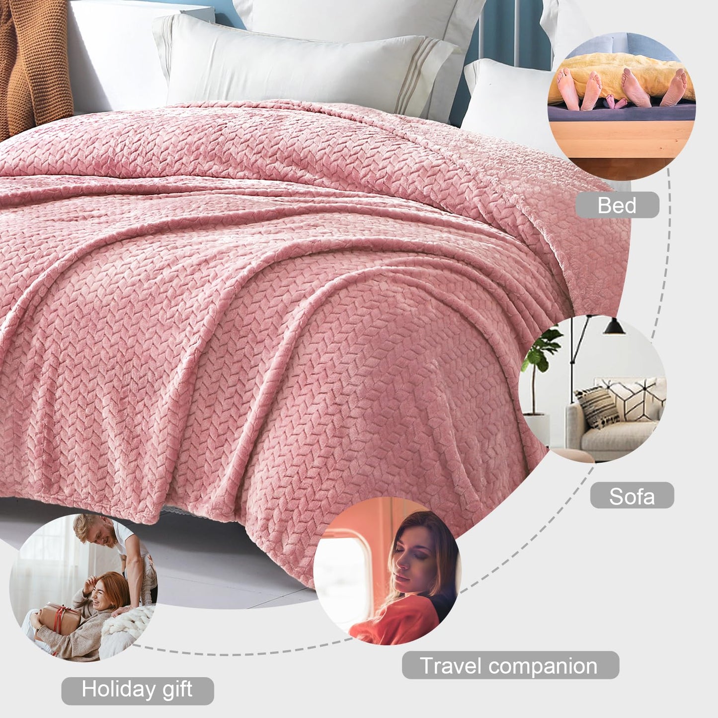 Exclusivo Mezcla Pink Fleece Queen Size Blanket for Bed, 90x90 Inches Soft Cozy Jacquard Flannel Blankets, Lightweight Fuzzy Plush Warm for All Seasons