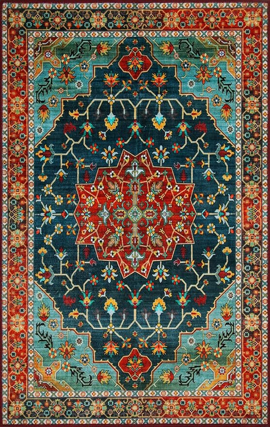 WILLSUN Washable Area Rugs, 4x6 Non-Slip Boho Large Area Rugs for Living Room, Bedroom, Machine Washable Vintage Rug, Indoor Floral Print Carpet for Home Decor, Kid & Pet Friendly Mat