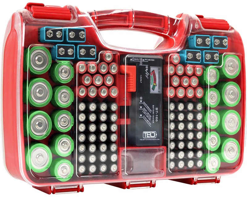 Battery Organizer Storage Case with Tester, Holds 180 Batteries, Clear Hinged Cover, Locking Lid - For AA, AAA, C, D and More, Red