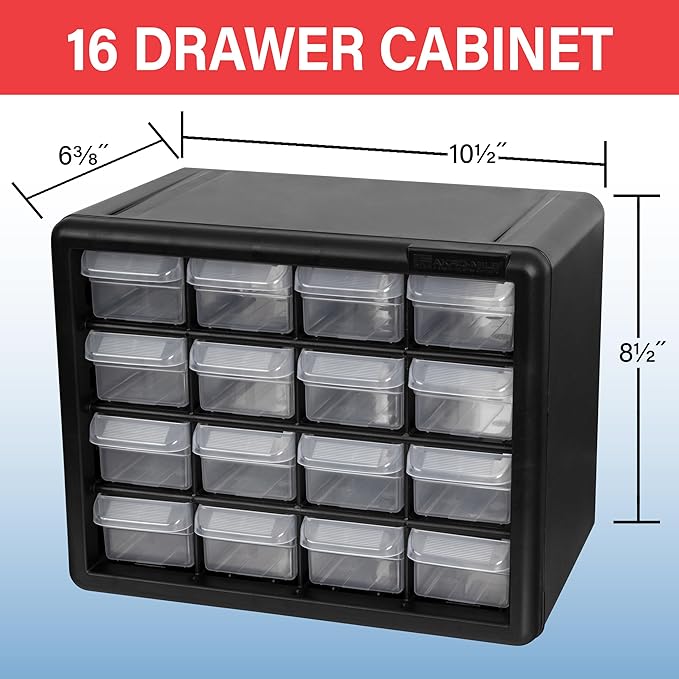 Akro-Mils 16-Drawer Plastic Drawer Storage Cabinet for Garage Organization, Beads, Makeup Organizer, Building Bricks Storage, Teacher Toolbox, 10-1/2" W x 6-1/2" D x 8-1/2" H, 10116 Black