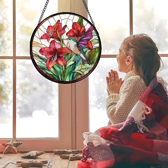 Stained Glass Window Hanging - Hummingbird On Red Lily Flower Sun Catcher for Door Garden Decor Suncatcher Christmas Mother's Day Birthday Gifts for Bird Lovers Women Men Mom Nana 11.8 in