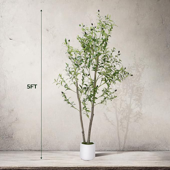 Artificial Olive Tree 5FT, Indoor Fake Silk Plant with Realistic Trunk, Leaves, Fruits and White Planter, Faux Potted Tree for Home Decor and Housewarming Gift, 1 Pack