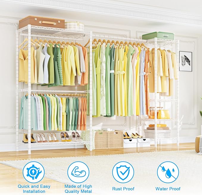 Ulif E10 Clothes Rack（With Stretchable Hanger Rod）Freestanding Clothing Racks for Hanging Clothes，Adjustable Closet Organizer System，Portable Garment Rack 73-97"W x 15" D x 72" H，Max Load 800LBS，White