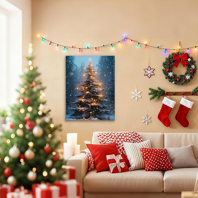 Framed Christmas Pictures Wall Decor,Vintage Pine Tree Prints,Winter Christmas Canvas Wall Art Decoration for Bedroom Bathroom Living Room Rustic Xmas Holiday Gifts (Christmas Tree 3, 16'' X 24'')