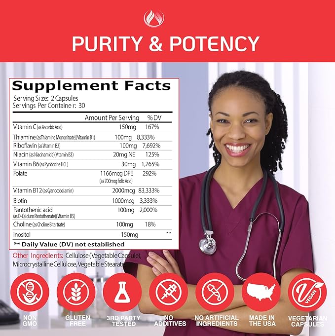 THE ENCLARE NUTRITION Vitamin B12 - Vitamin B Complex with Vitamin C, Biotin, Inositol, Folic Acid, B Vitamins, B1, B2, B3, B4, B5, B6, B7, B8, B9. Brain, Heart, Immune Support, Energy Supplements (1)