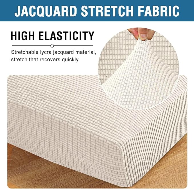 H.VERSAILTEX Super Stretch Individual Seat Cushion Cover Sofa Covers Couch Cushion Covers Slipcover Sets Thick Jacquard Textured Twill Fabric (3 Piece Sofa Cushion Covers, Ivory)