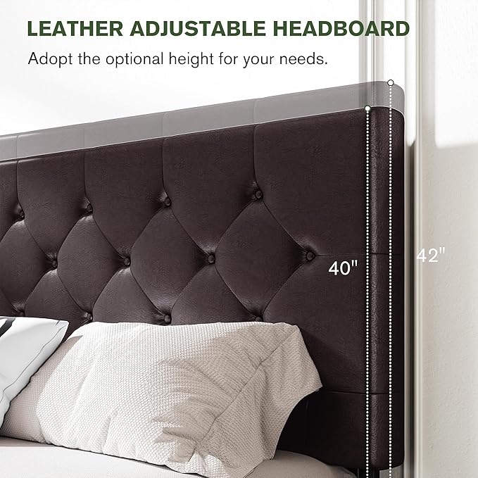 MUTICOR King Size Bed Frame with 4 Storage Drawers, Upholstered Platform Bed with Button Tufted Adjustable Headboard, No Box Spring Needed, Easy Assembly, Diamond Tufted, Brown Leather
