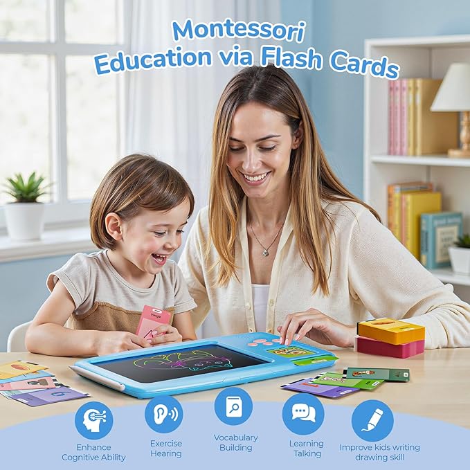 Talking Flash Cards for Toddlers: 2-in-1 LCD Writing Tablet with 510 Sight Words, Montessori Language Learning, Autism & Speech Therapy Toys for Children Ages 1-6, Blue