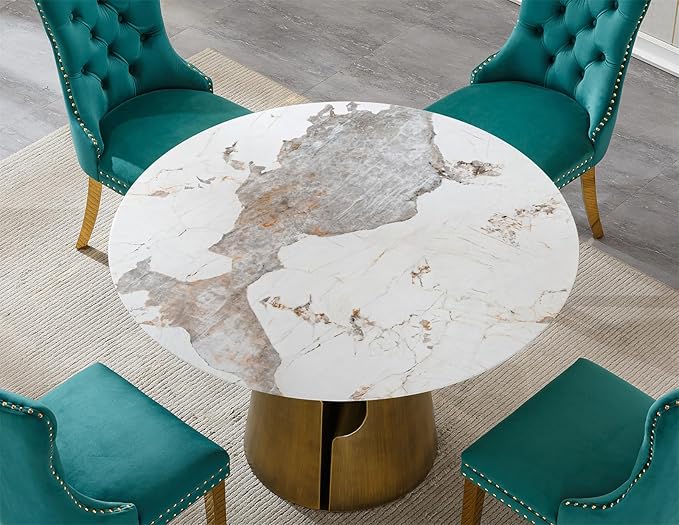 5-Piece Faux Marble Round Dining Table Set for 4, Modern Luxury Kitchen Table Set for 4 with Green Tufted Chairs,Circle Dining Tables with Pandora Grain Top and Bronze Pedestal Base