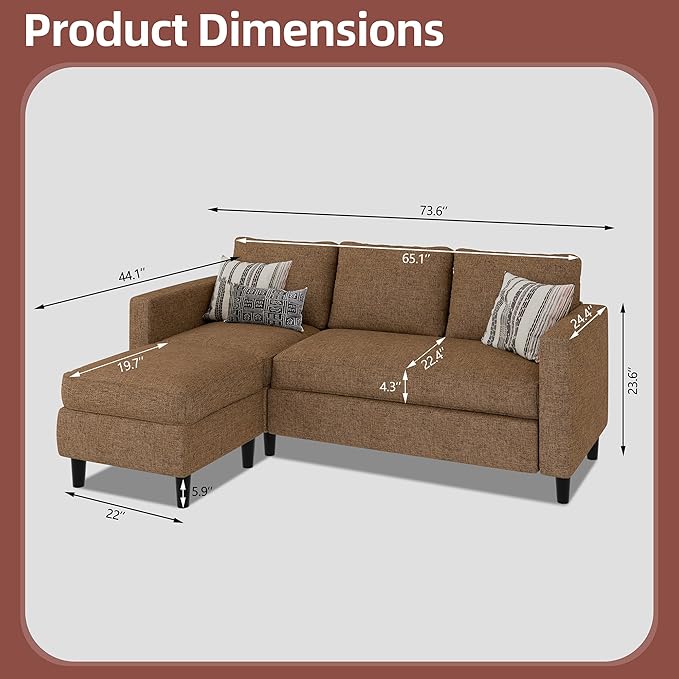 JAMFLY Sectional Sofa Couch Convertible L Shaped Sofas with Ottoman Small Sectional Couches for Living Room, 3 Seater Couch for Small Spaces, Brown