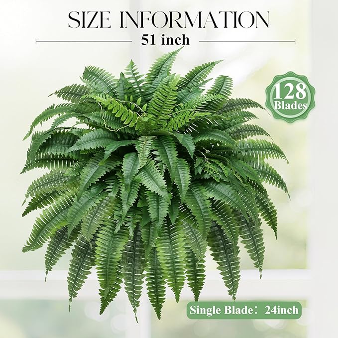 ALAGIRLS UV-Resistant Fake Boston Fern Bush with 128 Branches, 51" Large Faux Ferns for Outdoors, Artificial Fern Plants for Front Door Office & Living Room Decor（Pot is not Included）