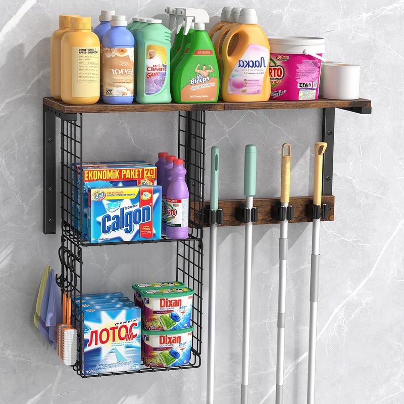 Housolution Broom Holder Wall Mount with Cleaning Supplies Organizer, 100 LBS High Load-Bearing Laundry Room Storage Shelves, Multifunctional Mop Hanger Rack with 2 Baskets, 4 Grippers & Hooks