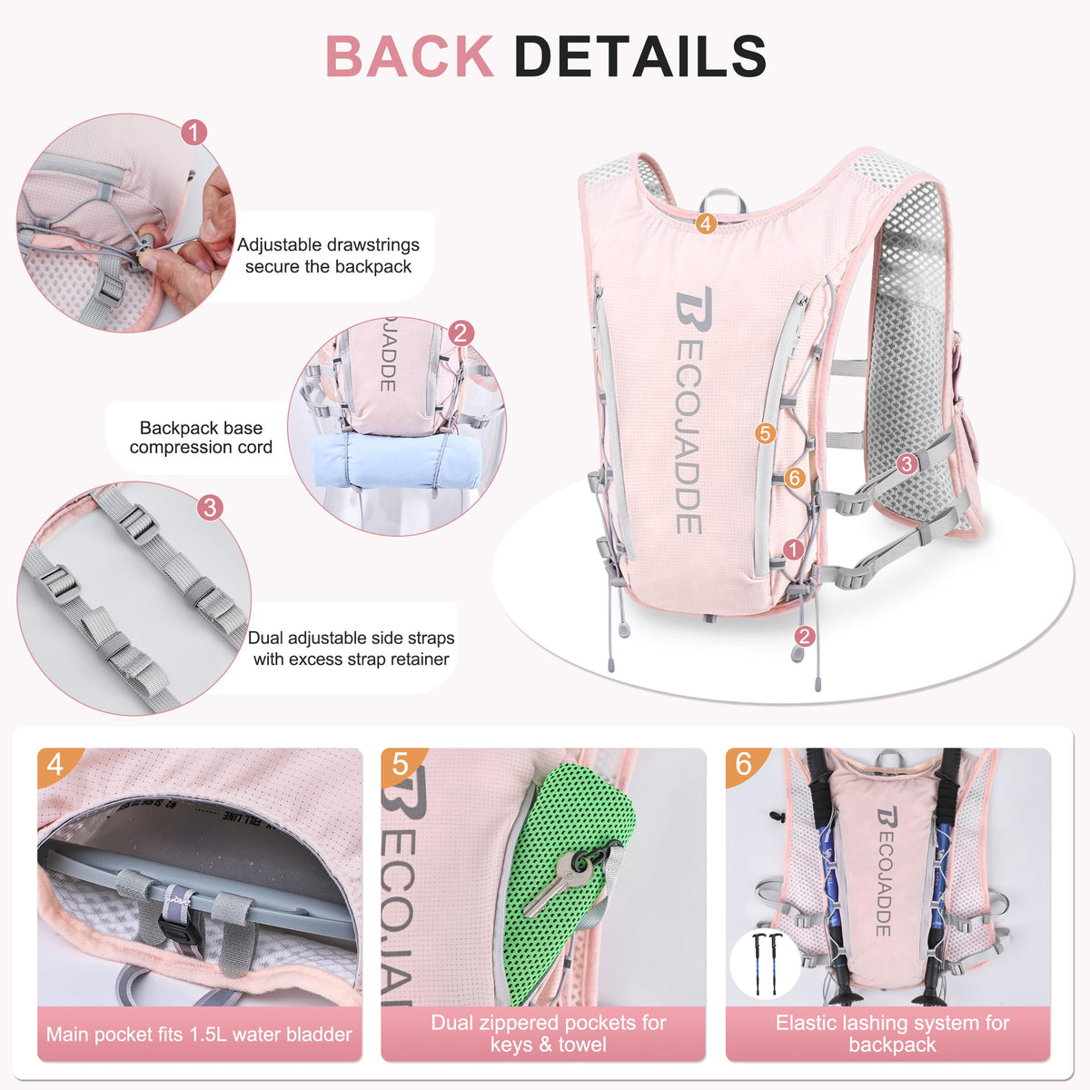 BECOJADDE Running Vest Hydration Backpack with Two 500ML Soft Water Bottles for Men Women, 5L Lightweight Running Pack Hydration for Marathon, Trail, Cycling, Hiking, Jogging Pink