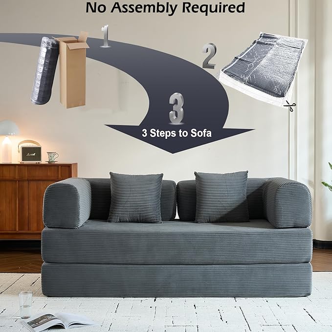 Comfy Convertible Folding Mattress Couch, Floor Sofa Bed with Fixed-Shape Frame, Corduroy Floor Sofa with Armrest, Floor Sofa Lounge Couch for Living Room Bedroom Lounge Studio,Grey