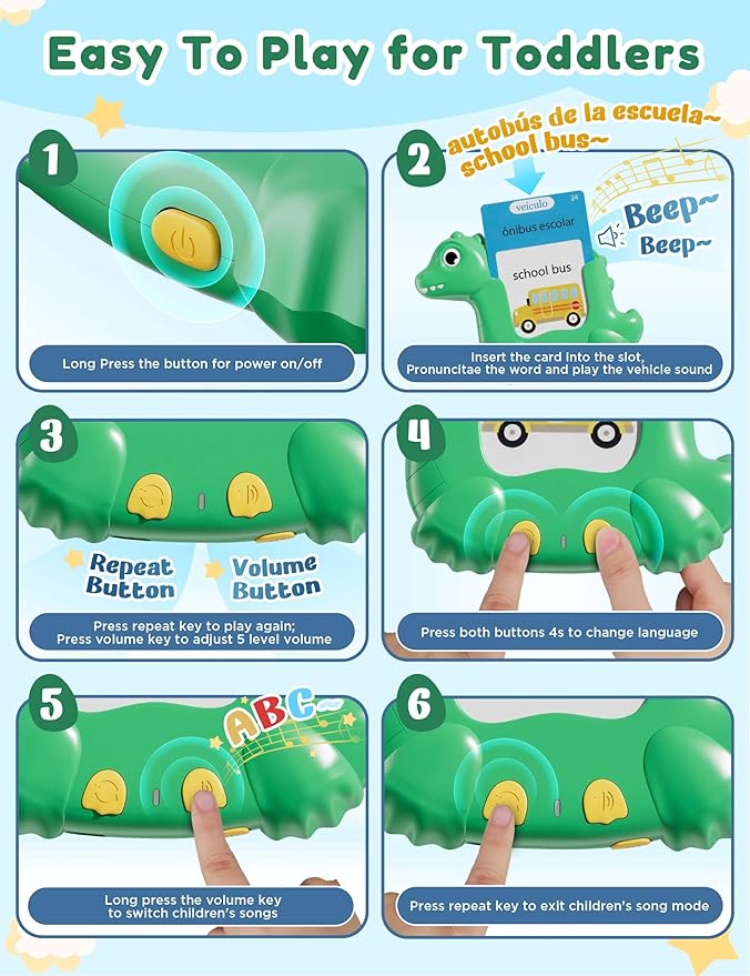 Portuguese and English Talking Flash Cards for Kids, 510 Sight Words Bilingual Learning Toys for Toddlers, Portuguese Alphabet Flashcards Pocket Speech Therapy Toys, Dinosaur Shaped