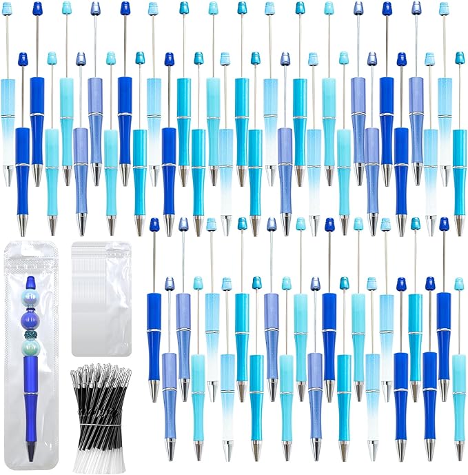 150 Pieces DIY Beadable Pen Kit – 50 Plastic Ballpoint Pens with Refills & Bags – School Supplies, Office Accessories & Decorative Items for Students & Teachers (Blue)