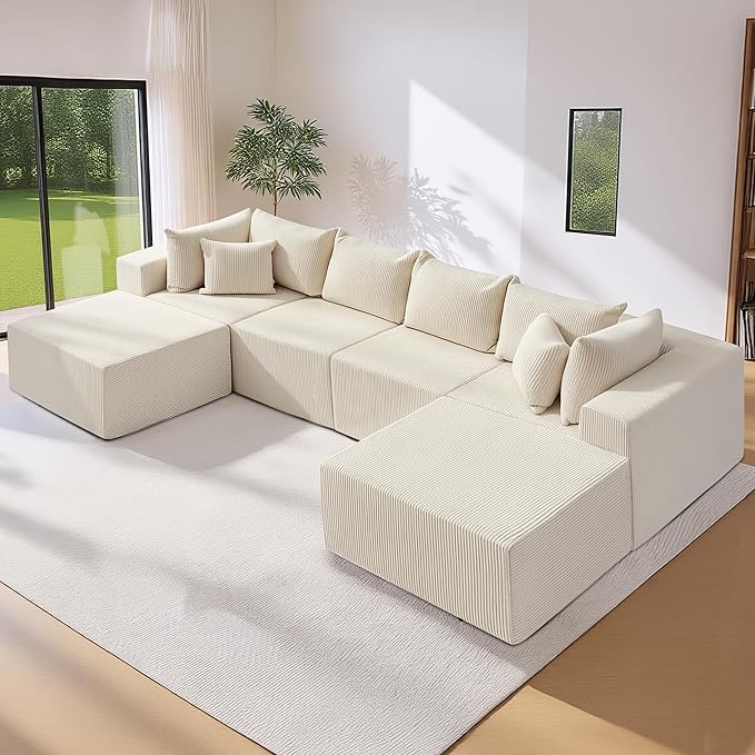 Oversize 131” Boneless Couch for Living Room, Comfort U Shaped Cloud Couch Sectional, Extra Deep Seats Corduroy Modular Sectional Sofa No Assembly,Beige