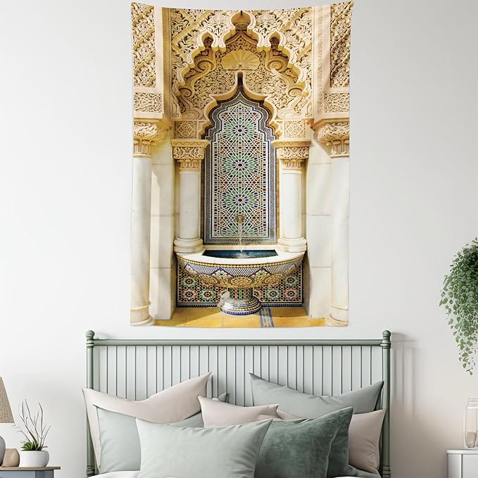 Ambesonne Moroccan Tapestry Queen Size, Vintage Building Design Art Historic Exterior Facade with Mosaic Print, Wall Hanging Bedspread Bed Cover Wall Decor, 88" X 88", Ivory Pale Brown Blue