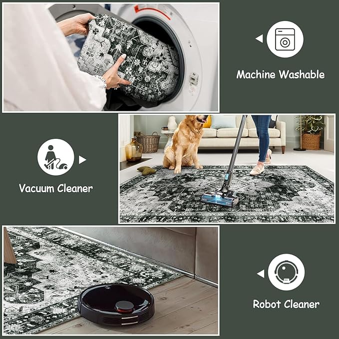 Moynesa Ultra-Thin Washable Area Rugs 8x10 Black and White Rugs for Living Room, Boho Large Rugs for Bedroom Non Slip Lightweight, Vintage Low Pile Carpet for Dining Room Home Office Decor