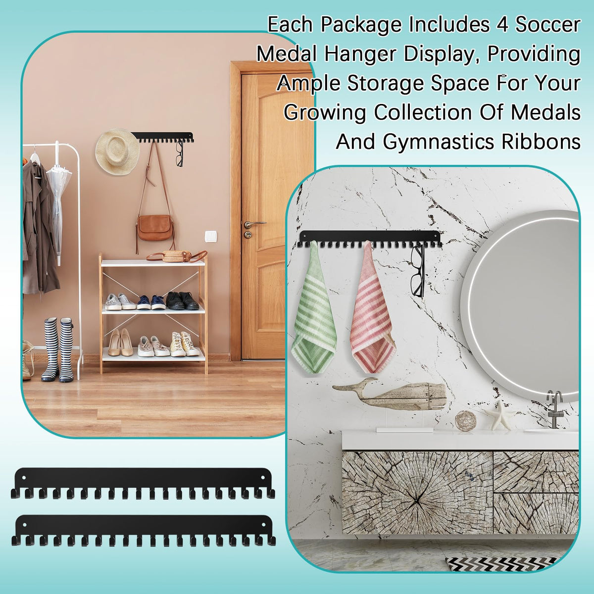 Geetery 4 4 Pack Medal Hanger Display with 20 Hooks Each, Sturdy Steel Wall Mount Medal Holder Rack Holds 60+ Awards for Gymnastics Marathon Sport Runner Soccer Wrestle Swim, Easy to Install (Black)