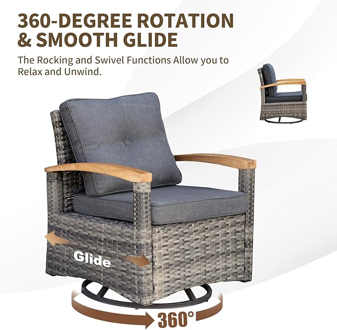 MEISSALIVVE Patio Furniture Sets, 6 Pieces Outdoor Rattan Furniture Conversation Sets with 2 Wood Armrests Swivel Rocker Chairs, 2 Ottoman, 3-Seat Sofa and Coffee Table(Grey)