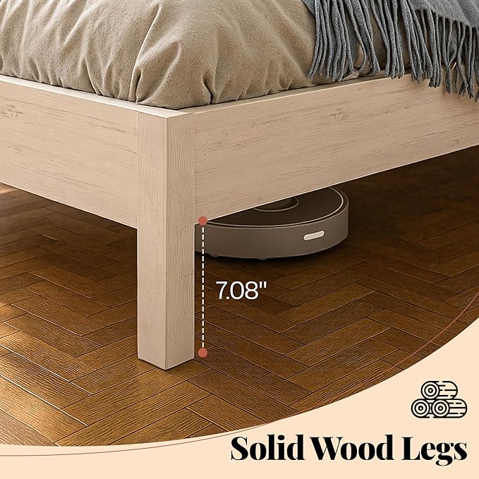 Jocisland King Size Bed Frame with Tall Upholstered Curved Headboard, Solid Wood Platform Bed, No Box Spring Needed, Wood Slat Support, Easy Assembly, White