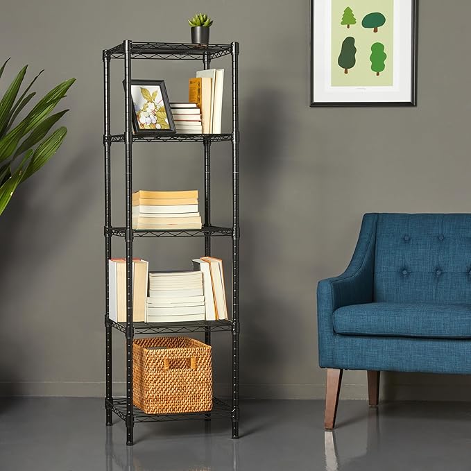 Amazon Basics 5-Shelf Tower Adjustable Storage Shelving Unit for Garage, Rust-Resistant Steel, 150 lbs Per Shelf, 16" W x 16" D x 54" H, Black