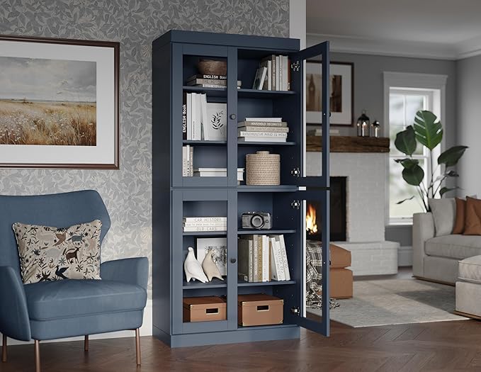 Palace Imports Solid Wood Bookcase - 6-Tier Bookshelf, 71.5” H x 32” W - Antique Blue, Clear Glass Cabinet Doors & Adjustable Shelves, Tall Bookcase, 100% Renewable Eco-Friendly Wood, Made in Brazil