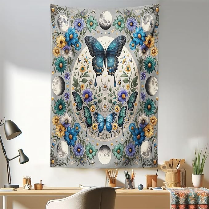 Ambesonne Boho Tapestry, Wreath of Colorful Flowers with Moon and Butterfly Pattern Witchy Scenery, Fabric Wall Hanging Decor for Bedroom Living Room Dorm, 30" X 45", Sea Blue Pale Grey Teal