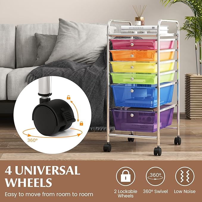 COSTWAY 6-Drawer Rolling Storage Cart, Multifunctional Art Craft Tools Organizer on Wheels, Heavy Duty Utility Mobile Storage Trolley w/ 2 Lockable Wheels for Home Office School (Rainbow)