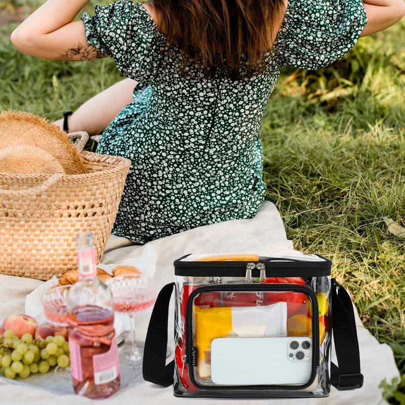 FlowFly Insulated Reusable Lunch Bag Adult Large Lunch Box for Women and Men with Adjustable Shoulder Strap,Front Zipper Pocket and Dual Large Mesh Side Pockets, Clear