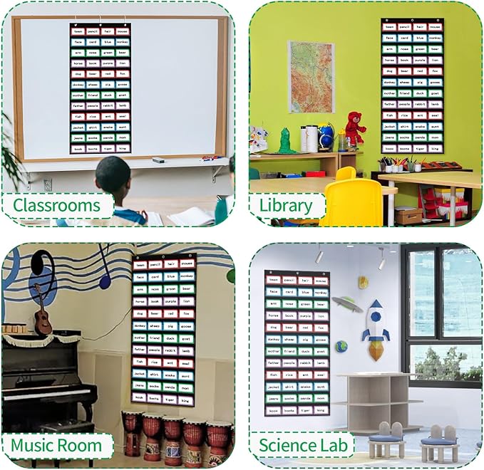 20”W x 48.25”H Classroom Words Pocket Chart with 12 Clear Pockets, Black Standard Pocket Chart for Classroom and Home for Sentence Strips, Reusable Clear Pocket Hanging Words Chart (Black)