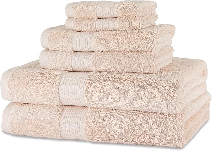 Amazon Basics Fade Resistant Bath, Hand and Washcloth Towel Set, 100% Cotton, Set of 6, 30 x 54 inches, Blush Pink