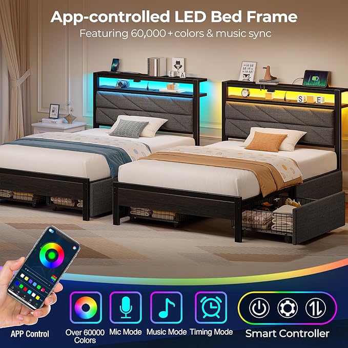 Seventable Twin Bed Frame with 4 Storage Drawers, Charging Station & LED Lights, Upholstered Headboard with 2-Tier Shelves, Metal Platform Bed, No Box Spring Needed, Noise-Free, Grey