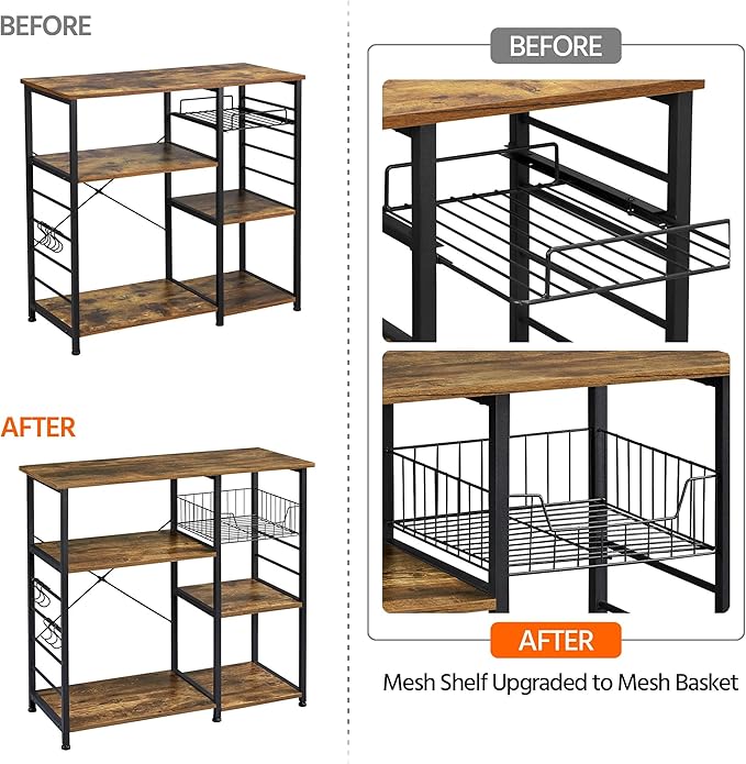 Yaheetech 4-Tier Kitchen Baker's Rack, Coffee Bar Microwave Stand Cart with Wire Basket & 6 Side Hooks, Kitchen Organizer Shelf for Spices/Utensils Foods, Rustic Brown
