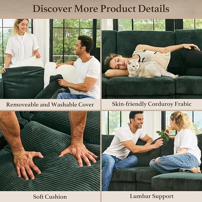 114.2" 5 Seater Modular Sofa with Deep Storage Seat,Corduroy Convertible L Shaped Sectional Couch,Modular Couch with Movable Ottoman Chaise,Upholstered Sectional Couches for Living Room,Green