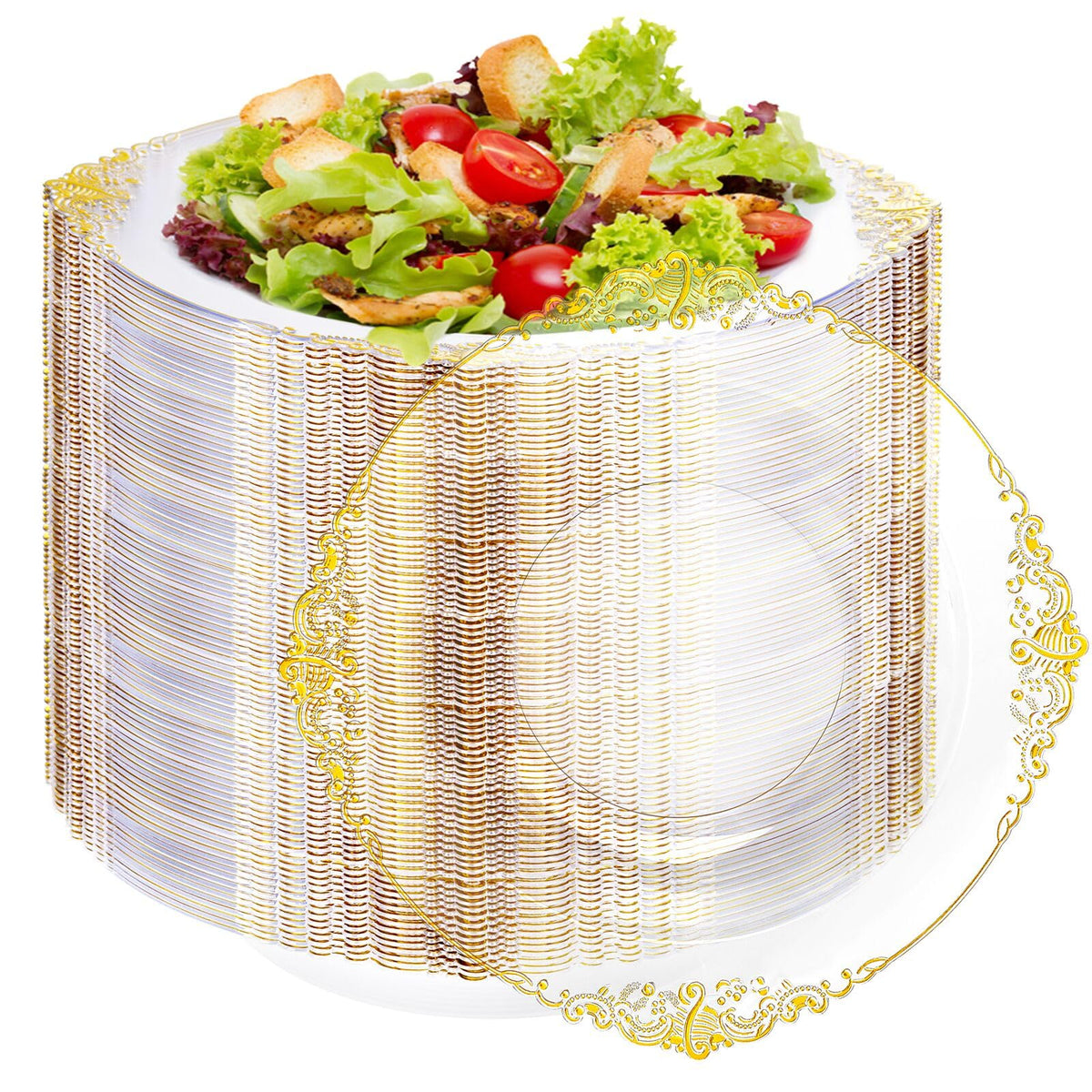 Joyido 100PCS Gold Plastic Bowls - 12 oz White Disposable Salad Bowls - Heavy Duty Soup Serving Bowl - Fancy Plastic Ice Cream Bowl for Parties, Dinners, Catering, Picnics